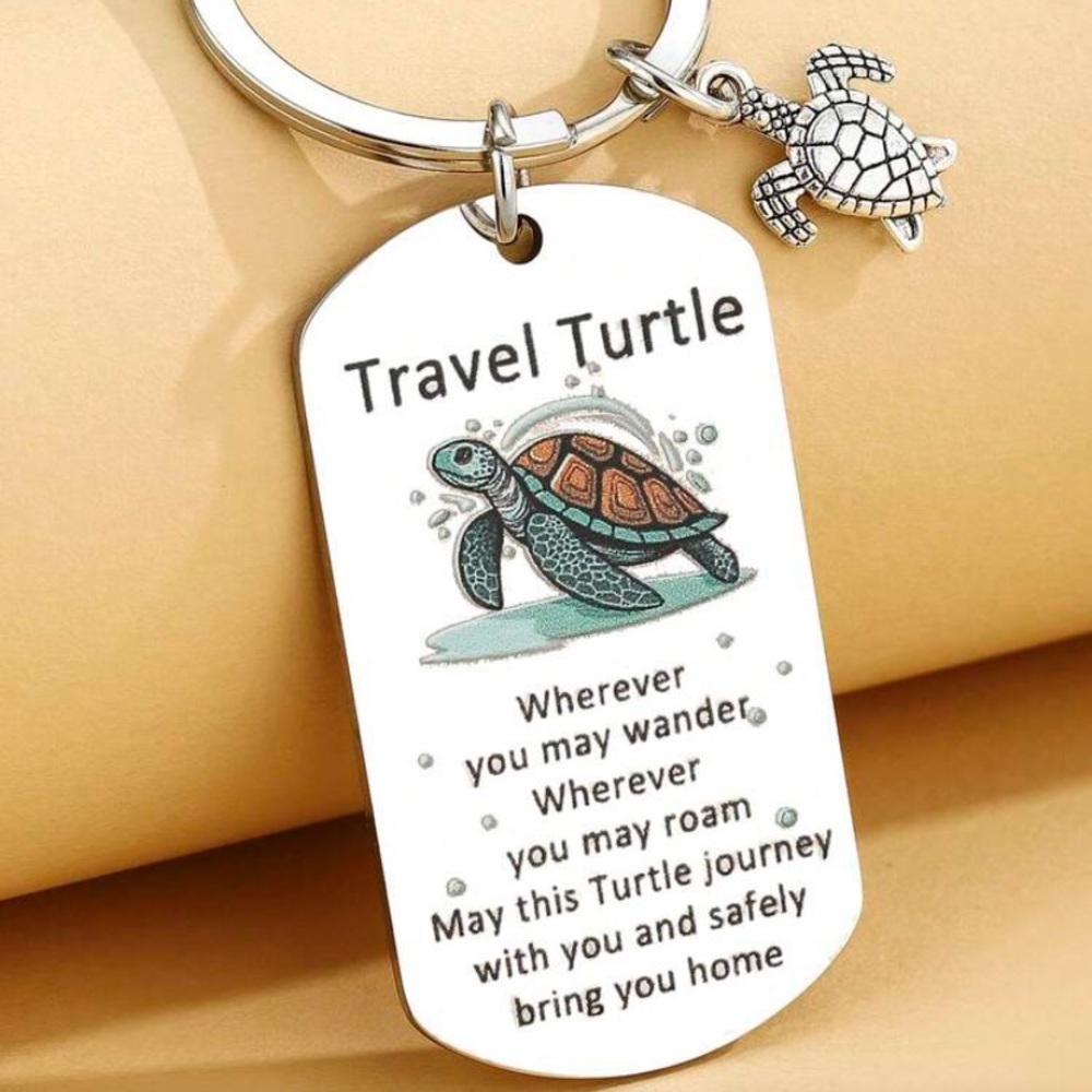Travel Turtle Silver Keychain with Inspirational Message & Turtle Charm